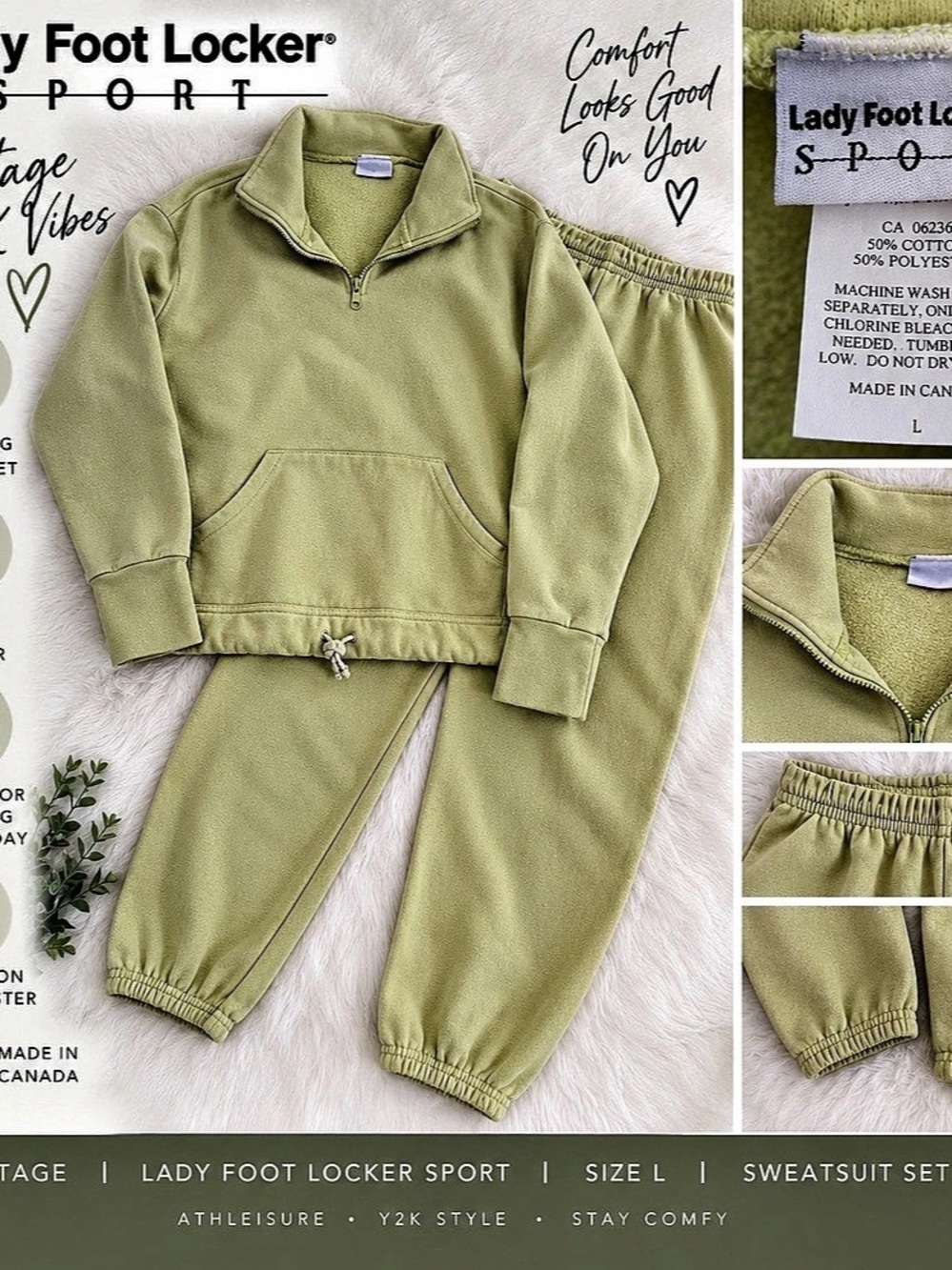Vintage Lady Foot Locker Sport Green Sweatsuit Set Women’s L Y2K